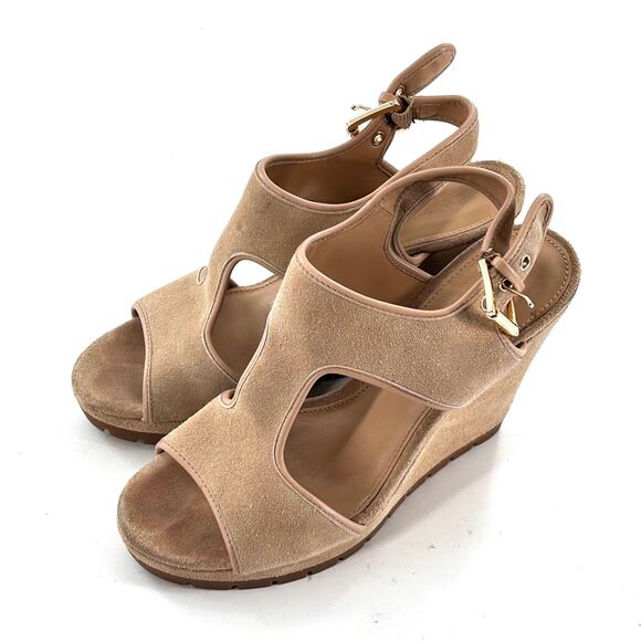 Michael Kors Gillian Wedge Sandals 8.5 Tan Suede Heels Resort Travel Beach - Picture 3 of 7
